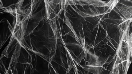 A close-up reveals the intricate texture of a wrinkled, black, transparent plastic bag, its thinness hinting at the fragility of its contents. A dark gray, textured wrap film background provides a