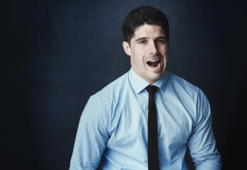 Portrait, business man or tooth cavity, gum disease or poor dental hygiene on dark studio...