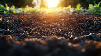 Closeup of brown soil ground with rich texture, symbolizing fertility, growth, and sustainability. Represents farming, gardening, and agronomy, highlighting quality earth for sowing and plant nourishm