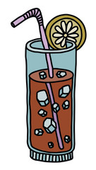 a glass of lemon tea with a straw and ice cubes and lemon slices on the rim of the glass, hand drawn vector
