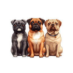 Obraz premium Three Adorable Pugs Sitting Together - Black, Brown, and Beige