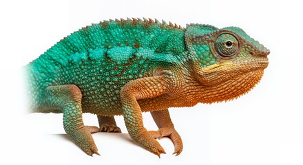 Obraz premium Vibrant Turquoise and Orange Chameleon Close-Up Profile on White