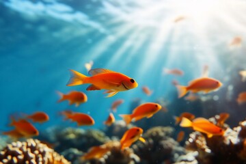 Fototapeta premium Sunlit coral reef with schooling orange fish.