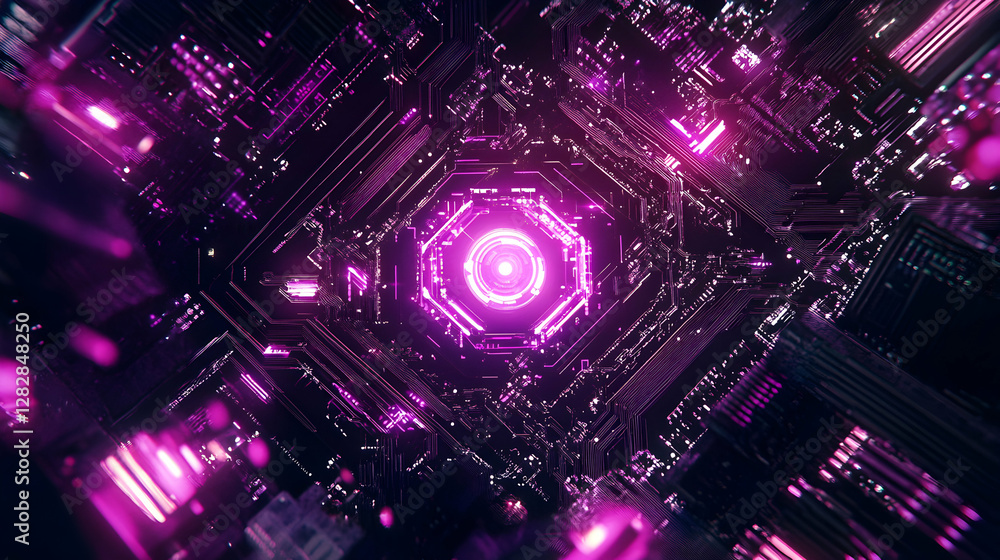 Poster abstract technology background with glowing purple light and circuit board pattern