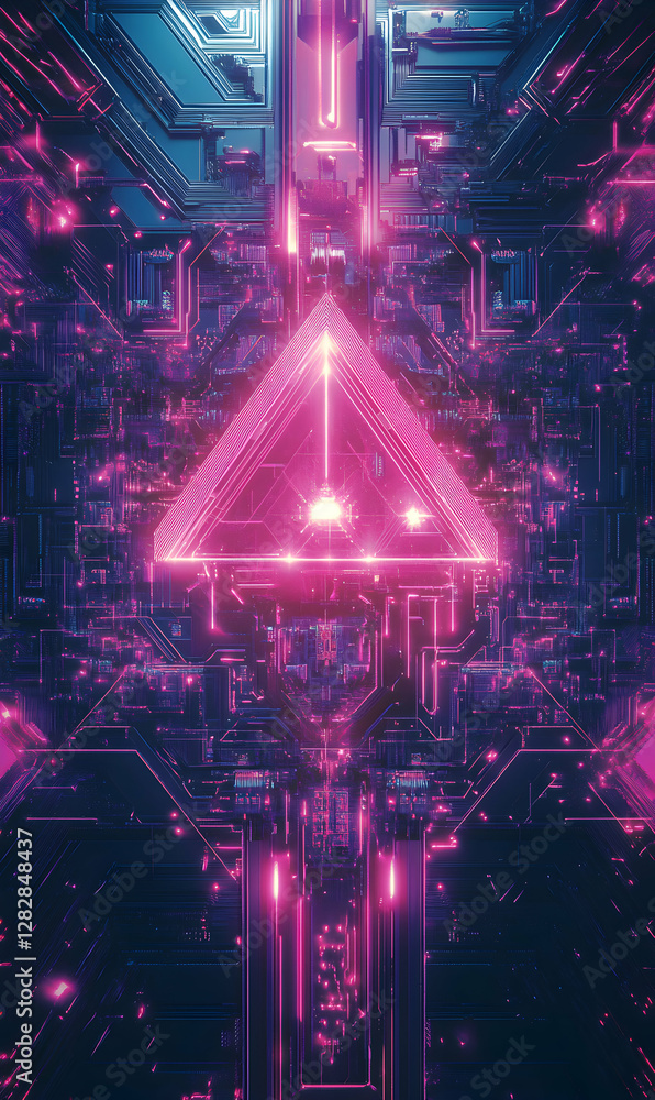 Poster abstract futuristic technology background with glowing pink neon triangular shape