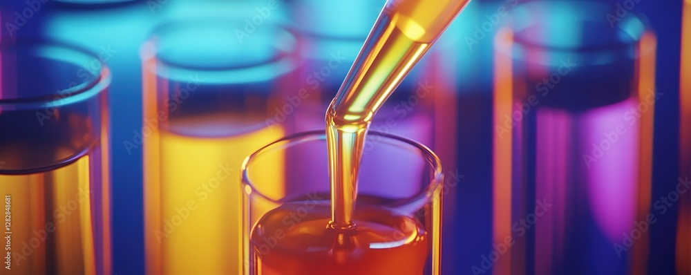 Poster liquid dynamics: exploring colorful solutions in test tubes with vibrant hues, illuminating scientif