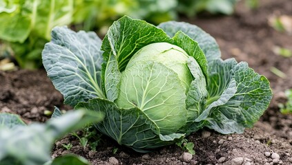 Naklejka premium Growing Green Cabbage: A Guide to Cultivating Healthy Heads in Your Garden