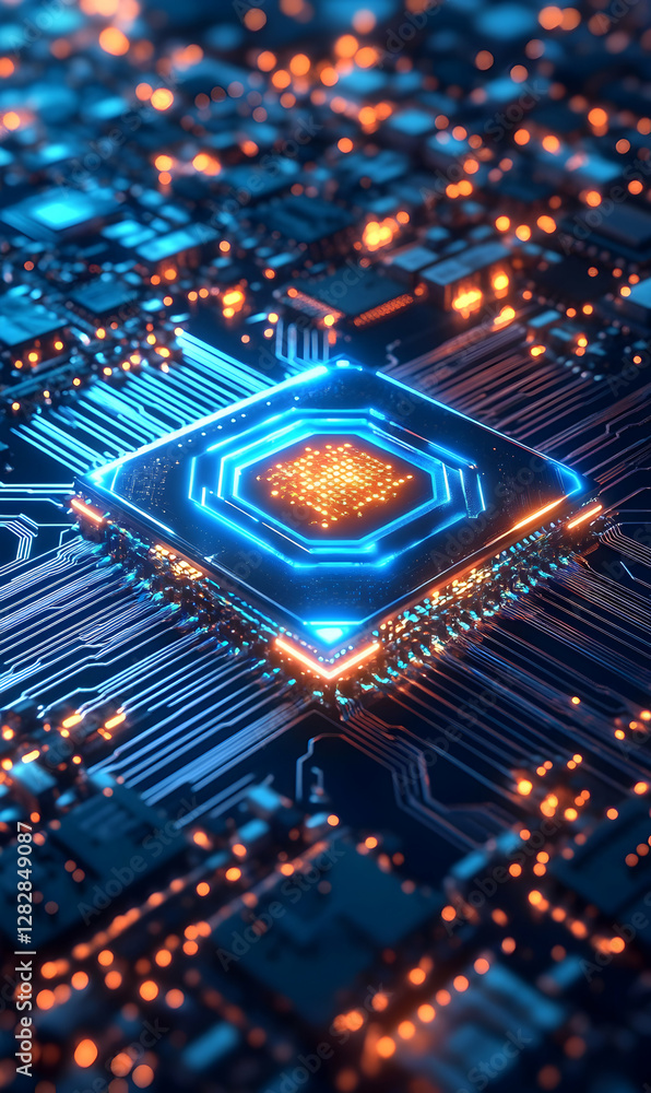 Poster advanced microchip showcasing intricate circuitry and glowing neon illumination