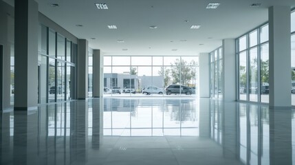 Fototapeta premium Empty dealership with modern minimalist design and open layout. Featuring sleek architecture and neutral tones