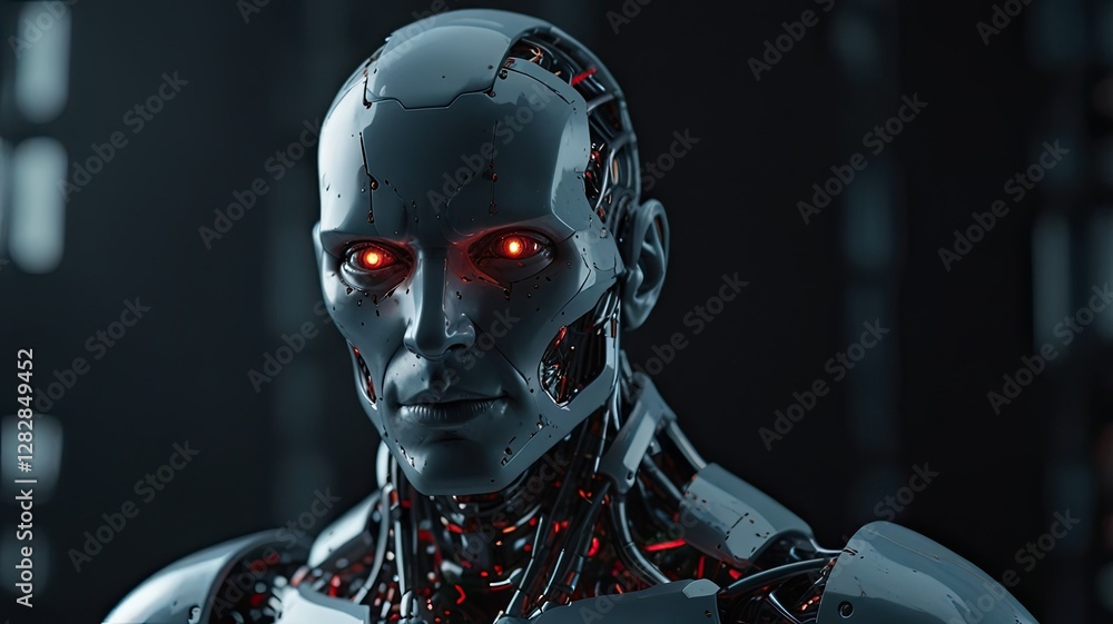 Poster a sleek android with a metallic finish stands menacingly in a dark environment featuring glowing red