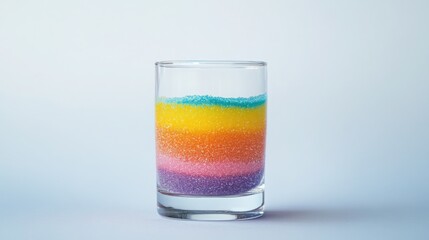Brightly Colored Layered Rainbow Sand or Granulated Sugar in a Clear Glass