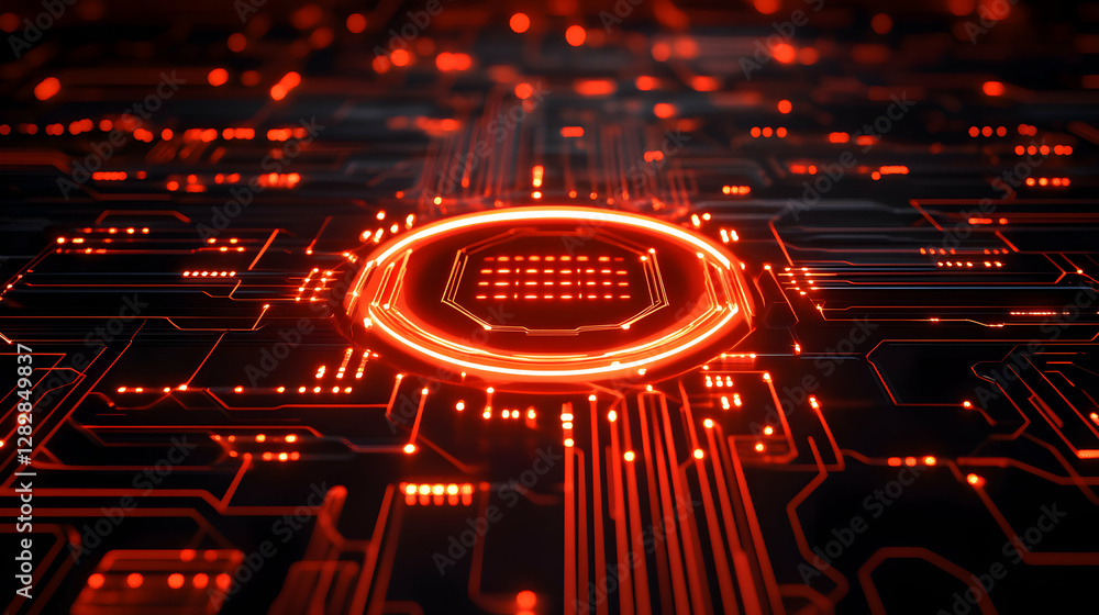Poster abstract futuristic circuit board with glowing red lights and data streams