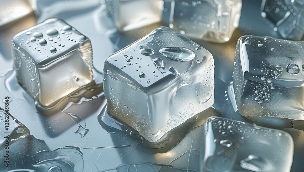 Poster multiple semitranslucent ice cubes rest on a reflective surface showcasing water droplets. the soft 