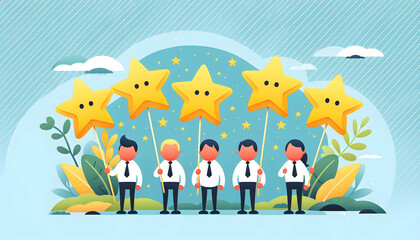 Rating Five cartoon-style characters stand side by side, each holding a yellow star, representing a five-st2