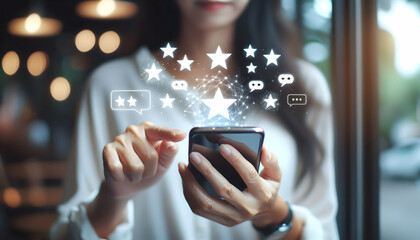 Rating A person wearing a white shirt is using a smartphone to provide a five-star rating, indicated by flo1