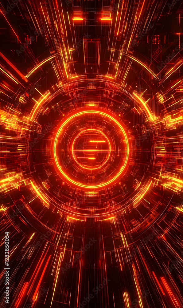 Poster fiery circular circuit board pattern with glowing lines and technological aesthetic
