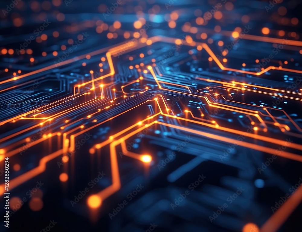 Poster exploring circuit board's intricate pathways: illuminating digital networks with glowing traces, hig