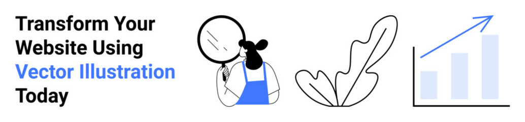 Woman with magnifying glass analyzing, leaf element, and upward bar chart. Ideal for business analysis, website design, creativity, growth themes, marketing, strategy flat landing page banner