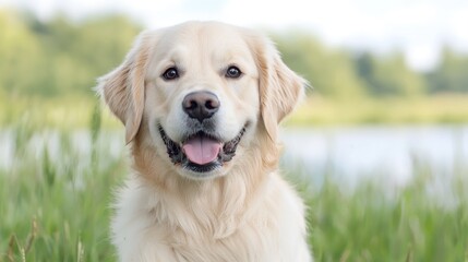 Obraz premium Happy golden retriever dog sitting in a grassy field near a lake during daytime.