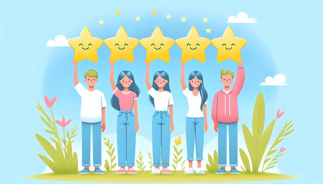 Rating A fun, cartoon-style depiction of five individuals holding yellow stars above their heads, with a li2