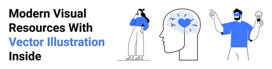 Thoughtful woman, abstract head with heart and brain connection, and person holding a lightbulb. Ideal for creativity, thinking process, innovation, strategy, emotional intelligence, design flat