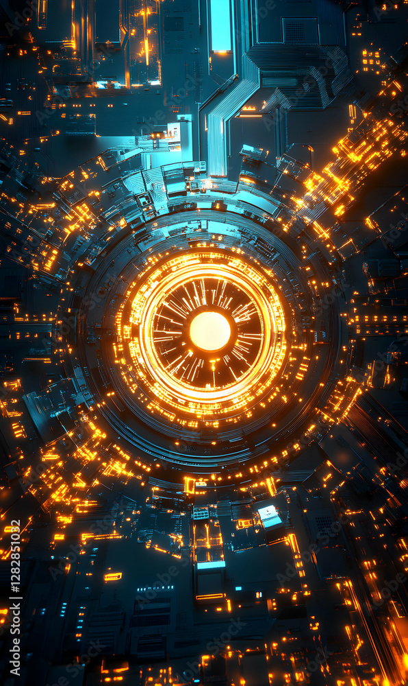 Poster futuristic technological interface with glowing elements and intricate circuit patterns