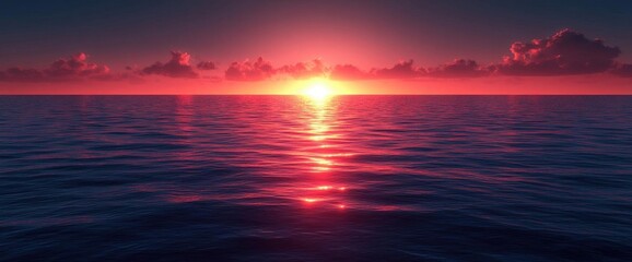 Obraz premium Vibrant Sunset Over Calm Ocean Water Reflecting Fiery Colors with Clouds Silhouetted Against Horizon in Dramatic Landscape