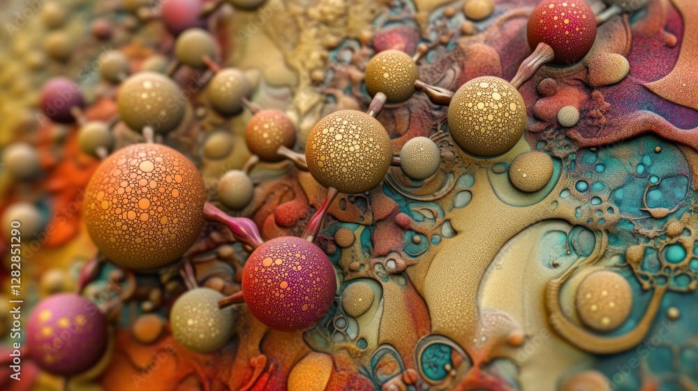 Poster abstract representation of interconnected spheres and textures in vibrant colors.