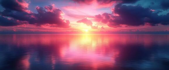 Obraz premium Dramatic Ocean Sunset with Vivid Pink Purple and Golden Hues Reflecting on Calm Waters and Moody Cloudy Sky Creates Serene Atmosphere