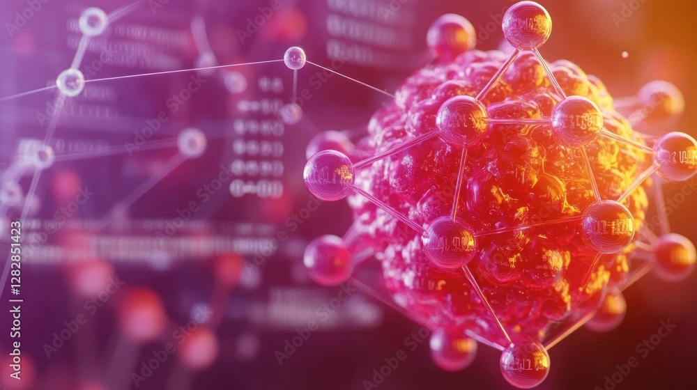 Poster a digital representation of a virus, illustrating its structure and molecular components.