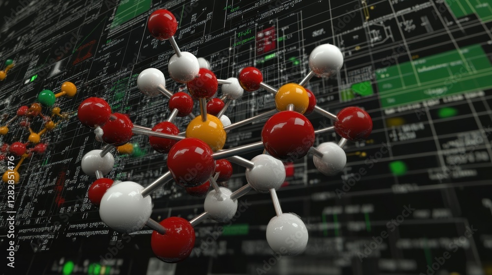 Poster a molecular structure displayed against a digital background of scientific data.