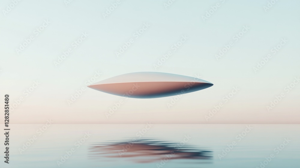 Poster futuristic 3d-rendered spaceship sleek and aerodynamic hovering above simple reflective surface copy
