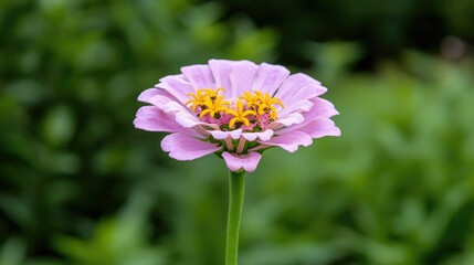Obraz premium Close-up of a delicate pink zinnia flower in a garden setting. Possible use Floral photography