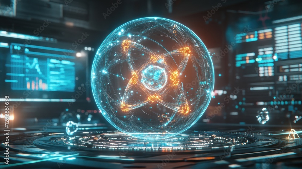 Poster a futuristic atomic model surrounded by digital interfaces and glowing elements.