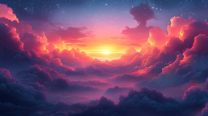 Naklejka premium Whimsical Illustration of a Layered Colorful Sky A Serene Scene Featuring Vibrant Hues, Fluffy Clouds, and Twinkling Stars in a Dreamy Evening Atmosphere