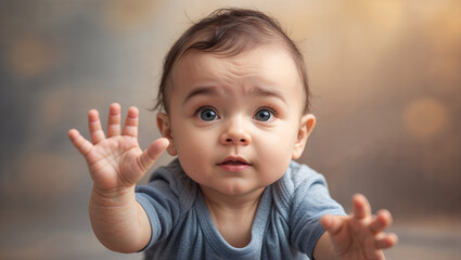 Adorable Baby Boy with a Curious Expression Reaching Out with Wonder