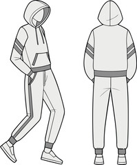 Loungewear Set Technical Fashion Illustration. Hoodie jacket Paired with Jogger Pants Featuring Elastic Waistband and Garterized Ankles vector fashion template. Unisex Activewear. CAD Mockup vector 