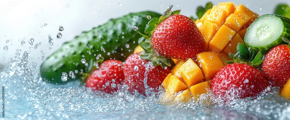 Poster Refreshing Fruits Plunging in Water with Strawberries Mango Cubes and Cucumber Slices Isolated Over a White Background Showcasing Freshness