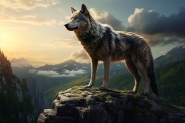 A wolf standing on a mountain