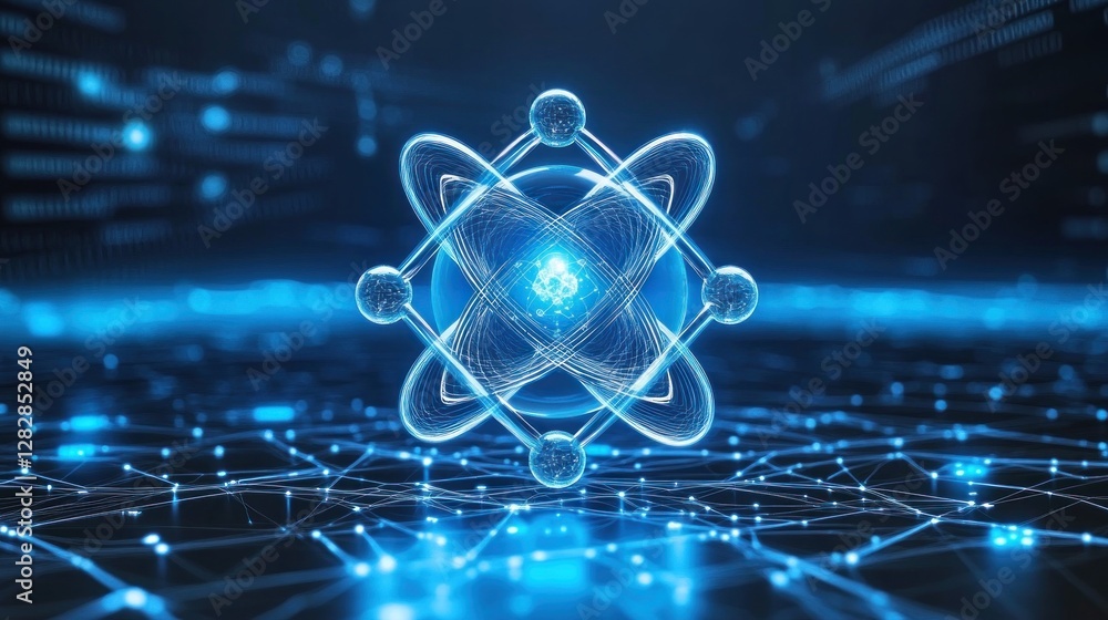 Poster a glowing atomic structure surrounded by digital connections, symbolizing science and technology.