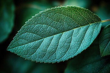 Detailed Close Up of a Green Leaf with Fine Texture and Veins in Natural Light with Green Background