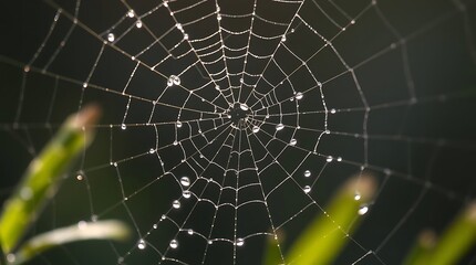 Obraz premium Photo Portraying Simple Nature Elements A Close-Up Of A Spiderweb Glistening With Morning Dew, Intricate Details Highlighted By Backlighting, Showcasing A.