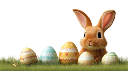Cute bunny with colorful easter eggs transparent background png spring atmosphere playful vibes