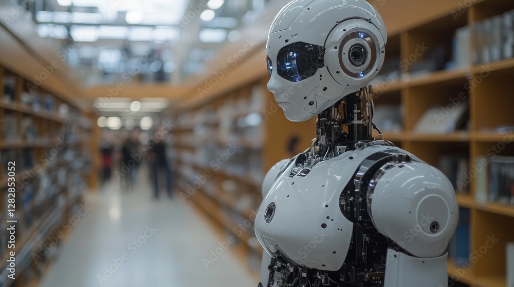 Poster futuristic robot in library setting with technological elements