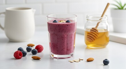 Berry Smoothie with Honey and Almonds on White Countertop