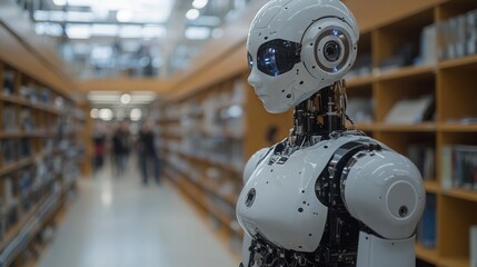 Fototapeta premium Futuristic Robot in Library Setting with Technological Elements