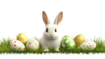 Cute white rabbit with colorful easter eggs in grass transparency background png spring celebration