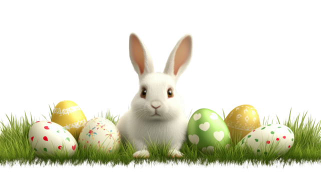 Cute white rabbit with colorful easter eggs in grass transparency background png spring celebration - Powered by Adobe