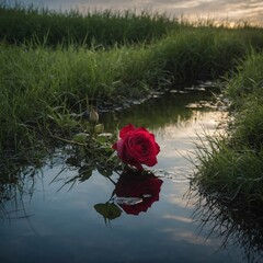 A lone rose in grass, symbolizing hope, with a reflection of the sky in the water.