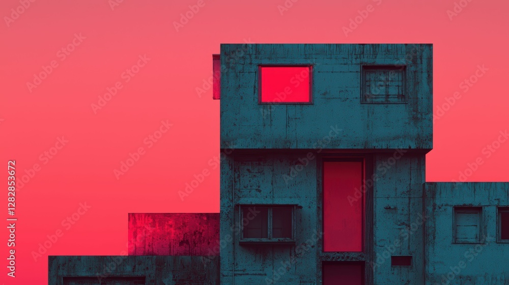 Poster building with geometric shapes and textured concrete walls set against a vibrant red sky. the minima